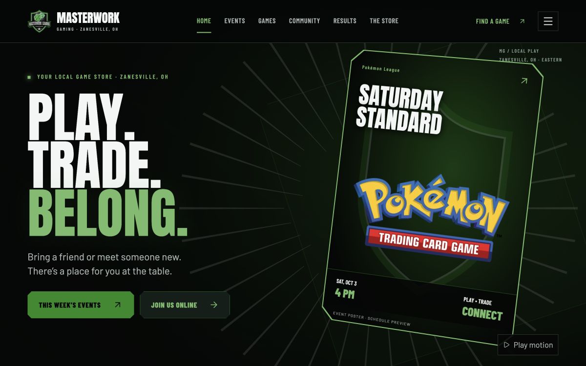 Masterwork Gaming’s current Arena design, with its green game-store identity and events